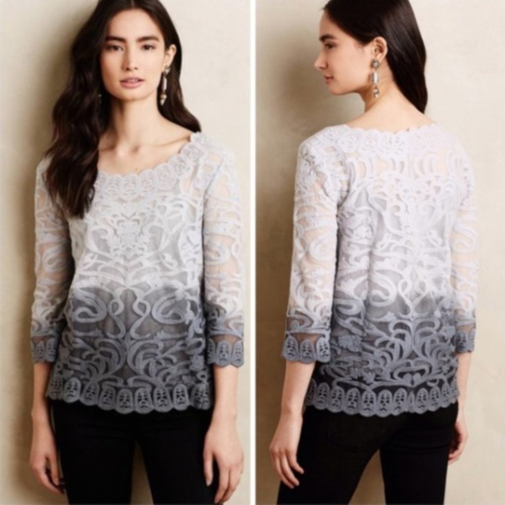 ANTHROPOLOGIE Meadow Rue Caela Blouse Grey Ombre Lace Top NEW